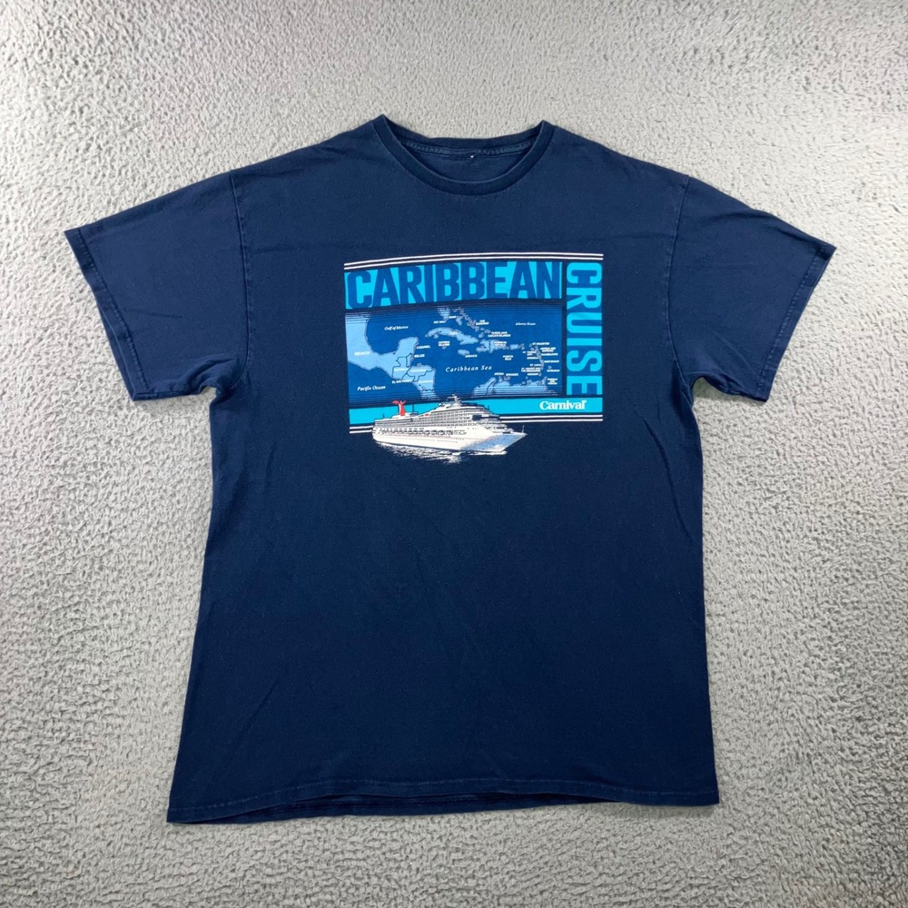 Carnival Cruise T-Shirt Mens L Blue Retro Caribbean Map Graphic Souvenir Tee